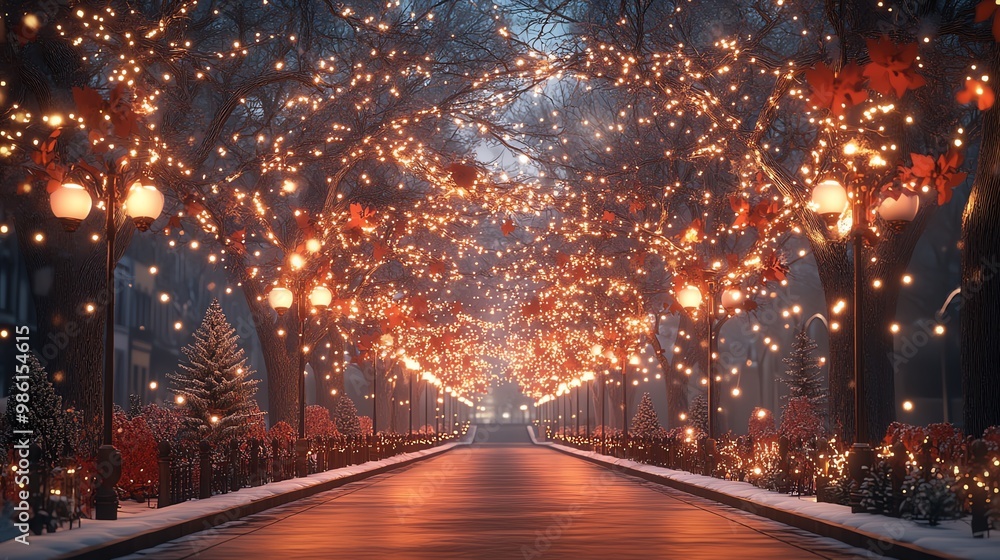 Treelined street, glowing branches and holiday decorations, 3D illustration Treelined street, glowing branches and holiday decorations, 3D illustration