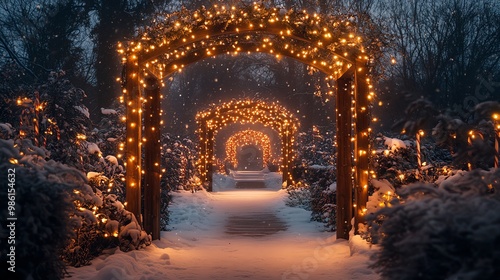 Twinkling Christmas lights draped across a wooden archway leading into a festive garden, softly glowing in the snowcovered landscape, Holiday garden lights, Magical outdoor scene