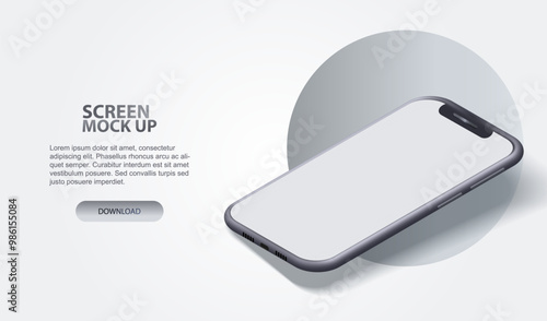 Mock up realistic 3d smartphone with white screen. Phone isometric view mockup. Cellphone mobile isolated with blank screen background for display your design, ui,ux.