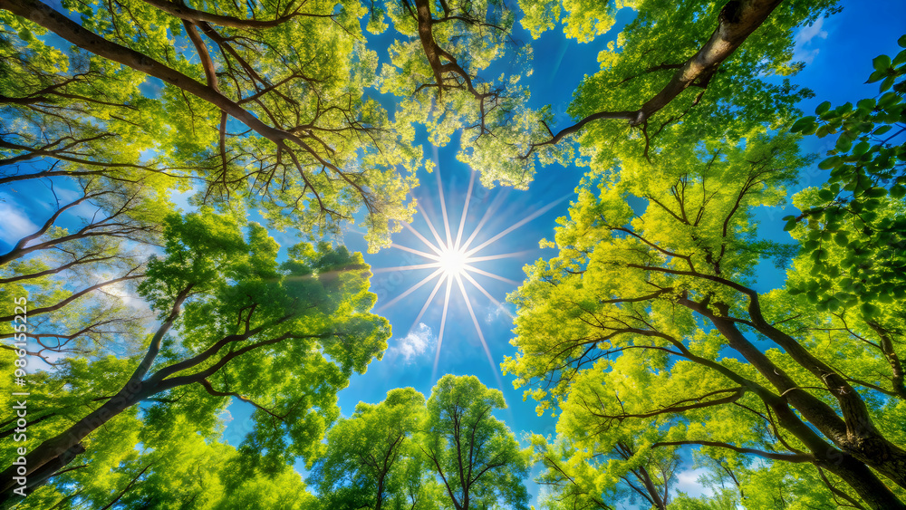 Fototapeta premium Vibrant image of a sunny day with clear blue skies and sunlight filtering through trees , sunshine, sunny, sunbeams