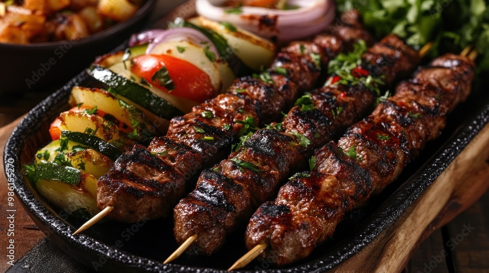 Grilled meat skewers with vegetables on a black platter. Grilled meat skewers with vegetables on a black platter.