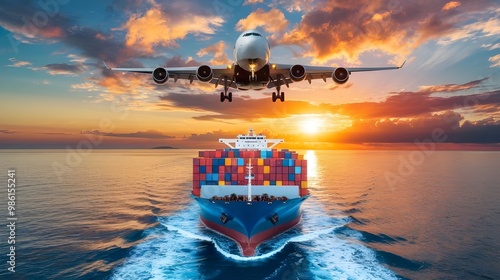 Cargo Ship and Airplane at Sunset on the Ocean photo