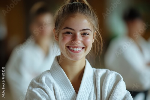 Joyful european girl actively participating in judo or karate class while smiling at the camera photo