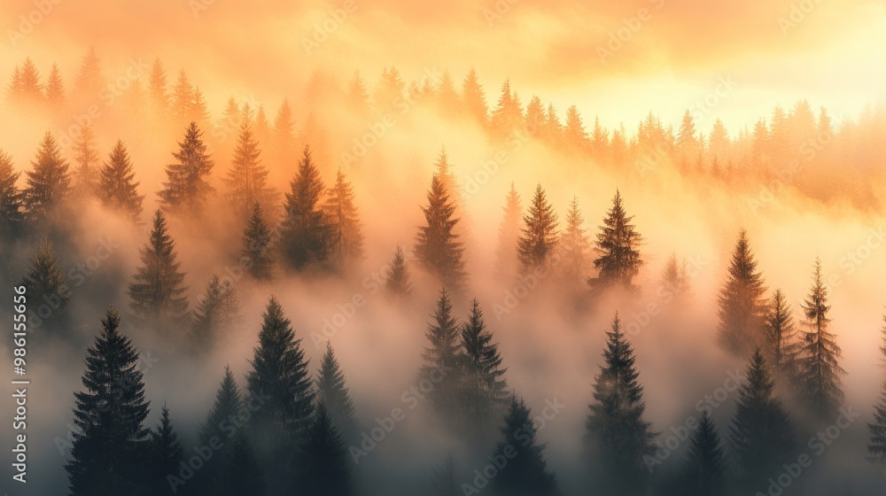Silhouetted trees in foggy forest at sunrise with orange sky. Silhouetted trees in foggy forest at sunrise with orange sky.