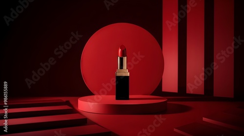 Red Lipstick on Red Platform with Geometric Shapes