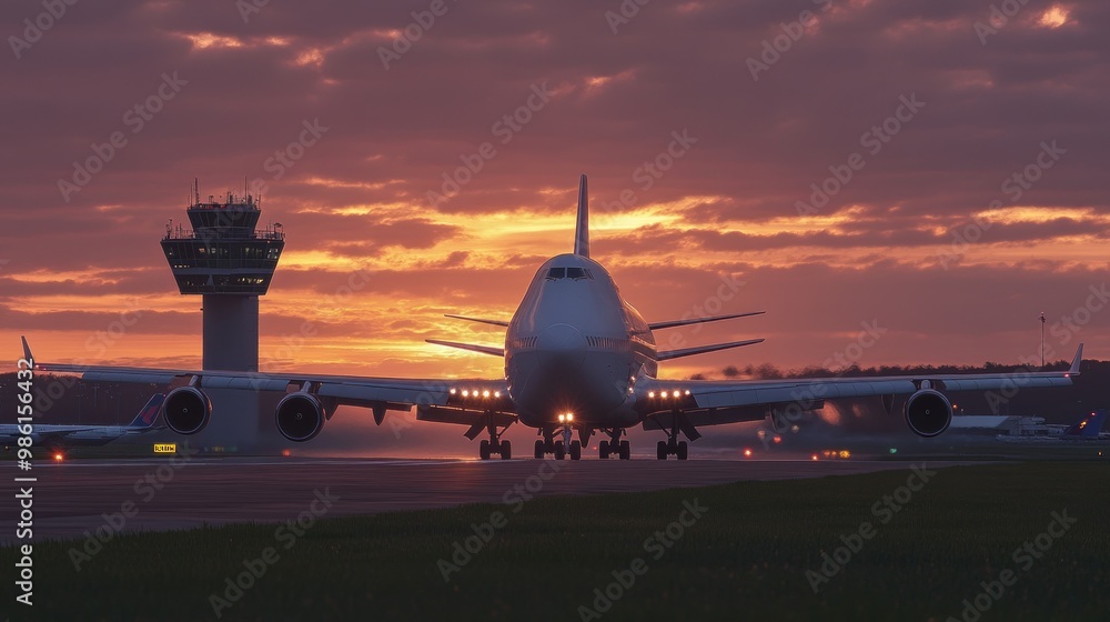 Obraz premium A large passenger jet airplane landing on a runway at sunset.