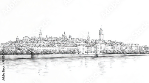 Brest, France, black and white pen pencil hand-drawn effect drawing illustration for travel poster, card, wallpaper, backdrop or banner. Modern, clear, artistic and simple