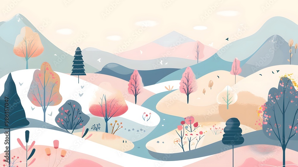 Fototapeta premium Peaceful Mountain and River Scene in Soft Colors – Vector 