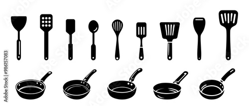 set of kitchen utensils. Kitchen spoons and fry pans silhouettes black filled vector Illustration icon.