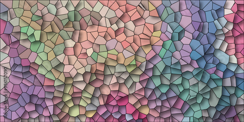 3D Abstract Seamless Multicolor Broken Stained-Glass Geometric Retro Tiles Pattern and Quartz Crystal Voronoi Diagram Background for Website, Fabric Printing, Brochures, Luxury/Premium Packaging