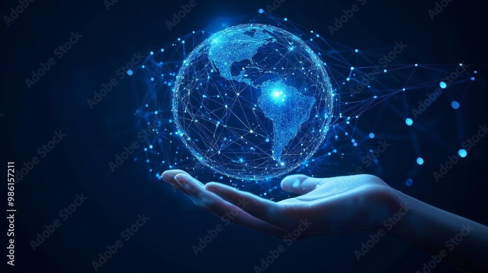 Human hands holding a digital globe with virtual data lines connecting across the world. Futuristic communication and global tech concept. Human hands holding a digital globe with virtual data lines connecting across the world. Futuristic communication and global tech concept.