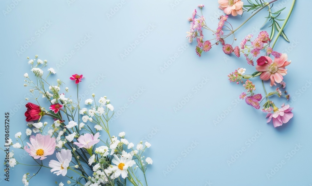 Flat lay of flowers arranged on a pastel blue background with copy space. Spring and floral design concept for greeting cards and invitations.