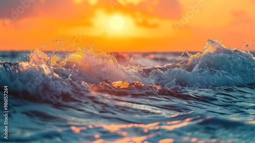 Waves crashing in the ocean at sunset with sunlight reflecting on the water. Nature and travel concept for seaside vacations and adventure.