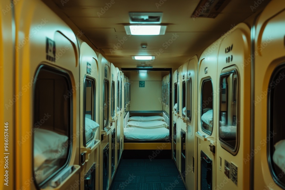 Interior view of a capsule hotel in japan showcasing unique sleeping pods and modern design Interior view of a capsule hotel in japan showcasing unique sleeping pods and modern design
