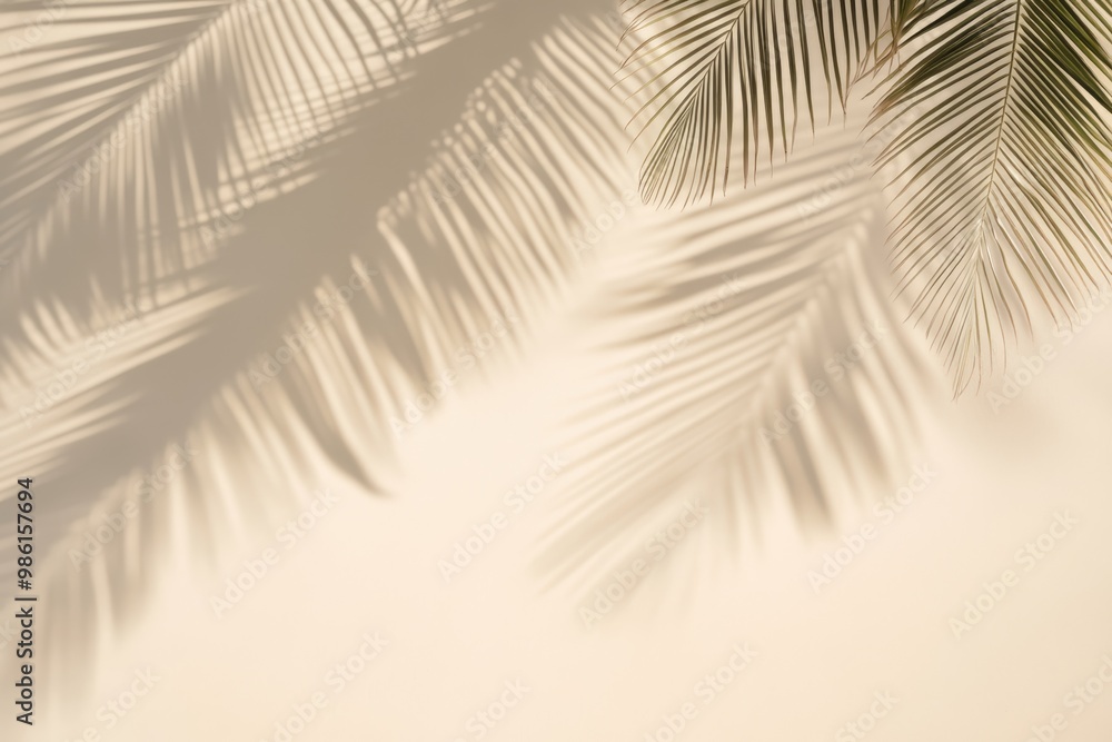 Obraz premium A close-up view of a vibrant green plant against a white wall, with a blurred shadow from palm leaves visible in the background. Beautiful simple AI generated image