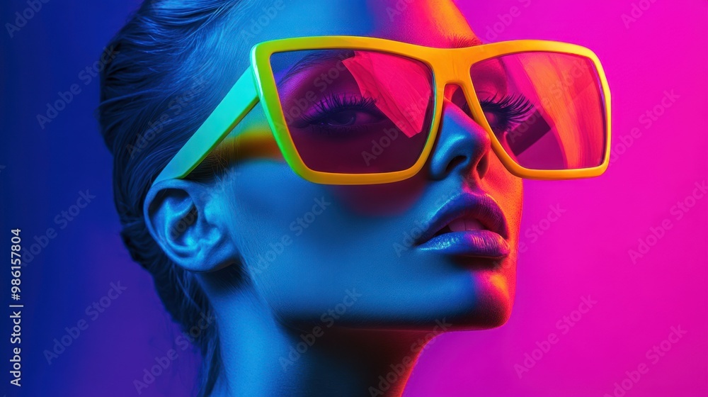 Close up portrait of a young woman wearing bright yellow sunglasses in a colorful neon light. Close up portrait of a young woman wearing bright yellow sunglasses in a colorful neon light.