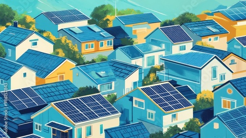 The concept of solar power reducing energy monopolies in vibrant blues and radiant yellows