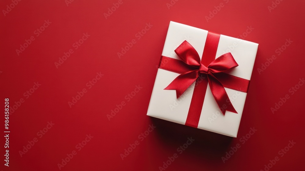 White gift box with a red ribbon on a red background. White gift box with a red ribbon on a red background.