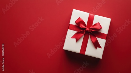 White gift box with a red ribbon on a red background.