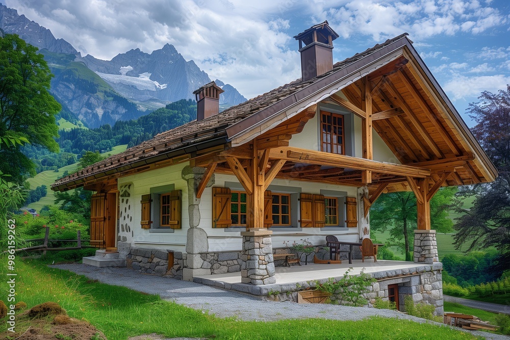 A charming Swiss chalet with wooden beams and a stone foundation, situated in a lush green valley with mountains in the background. A charming Swiss chalet with wooden beams and a stone foundation, situated in a lush green valley with mountains in the background.
