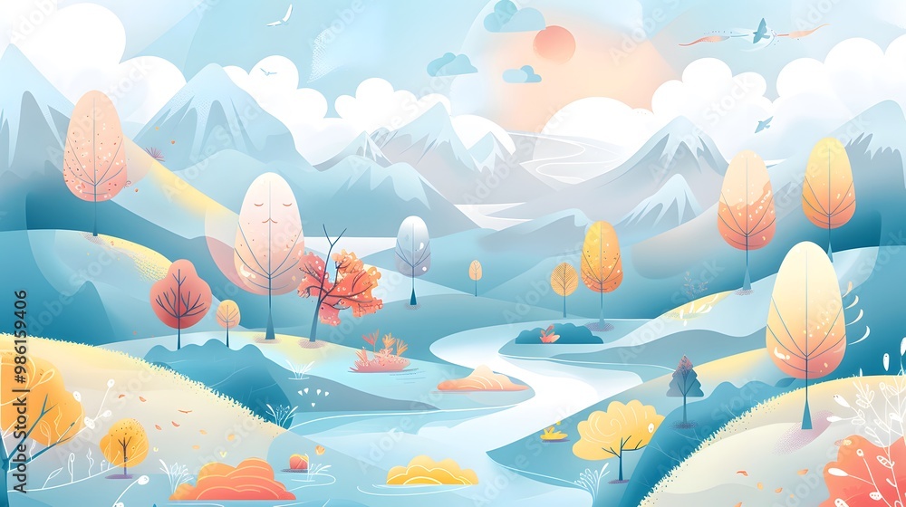 Calm Nature Scene with Trees, River, and Clouds – Vector
Calm Nature Scene with Trees, River, and Clouds – Vector