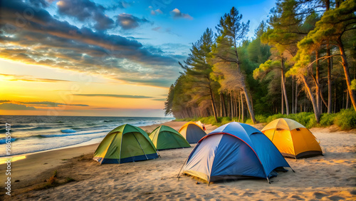 Basic camping tents set up on beach overlooking the woods in nature, camping, tents, beach, woods, nature, outdoors