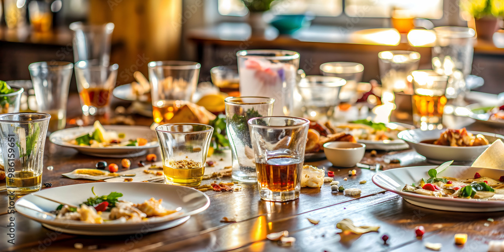 Close-up of a messy table after a party with empty glasses, spilled drinks, and leftover food in the morning light, party Close-up of a messy table after a party with empty glasses, spilled drinks, and leftover food in the morning light, party