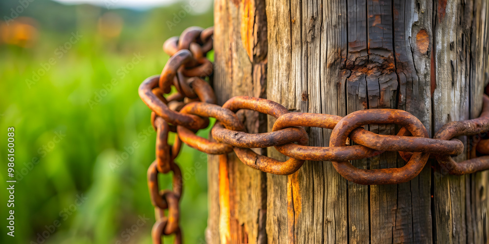 Rusty chain hanging from a weathered wooden post , old, rusted, metal, vintage, decay, industrial, weathered, aged Rusty chain hanging from a weathered wooden post , old, rusted, metal, vintage, decay, industrial, weathered, aged