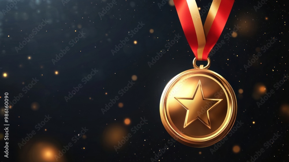 A gold medal with a star hangs from a red and white ribbon against a dark background with bokeh. A gold medal with a star hangs from a red and white ribbon against a dark background with bokeh.