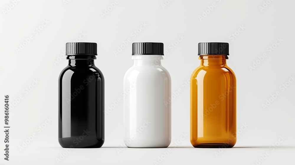 Minimalist Black, White, and Amber Bottles on White Background Minimalist Black, White, and Amber Bottles on White Background