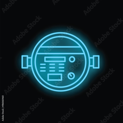 Blue neon water meter icon glowing on a dark background, representing water consumption measurement