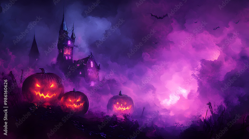 Halloween pumpkins in front of spooky haunted house at cemetery at night with full moon. Generative AI Halloween pumpkins in front of spooky haunted house at cemetery at night with full moon. Generative AI