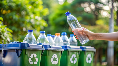 Wallpaper Mural A close-up of a hand holding a bottle with multiple recycling bins in the background , recycling, waste management Torontodigital.ca