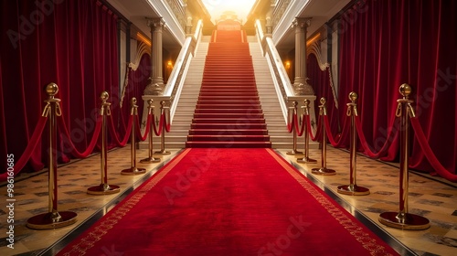 Grand Red Carpet Entrance with Golden Stanchions and Dramatic Lighting photo