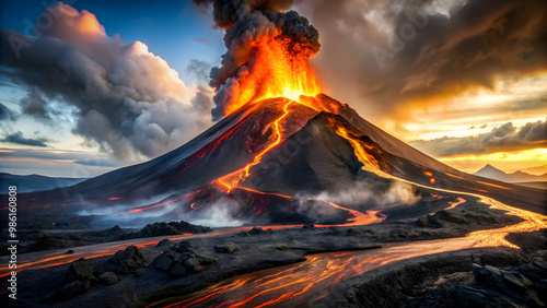 Volcanic eruption with hot lava flowing down slope, engulfing everything in its path, volcano, eruption