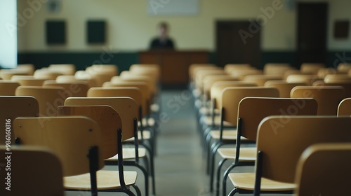 Empty Modern Classroom In the School Interior, Back to School Concept Book, Chair, table 3D Render.