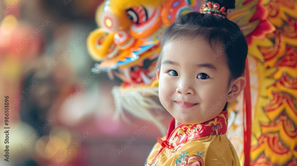 Fototapeta premium A Chinese child playing with a dragon dance costume