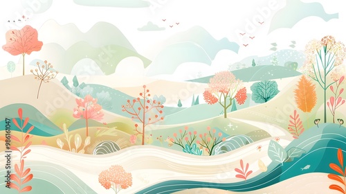 Calm Mountain Scenery with River and Trees – Vector Art
