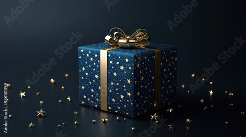 a blue gift box with gold stars on a dark background transparent background photo