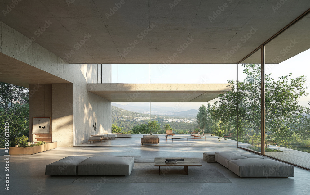 Modern minimalist living room with expansive glass windows overlooking a serene landscape on a sunny day Modern minimalist living room with expansive glass windows overlooking a serene landscape on a sunny day