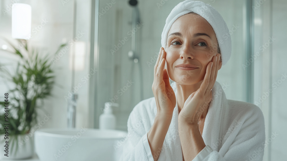 Mature Beautiful Woman in White Terry Dressing Gown Smiling While Doing Her Morning Skin Care Routine Mature Beautiful Woman in White Terry Dressing Gown Smiling While Doing Her Morning Skin Care Routine