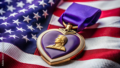 Close-up of a Purple Heart medal with an American flag in the background, military decoration, USA, wounded, killed, sacrifice
