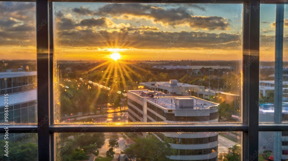 Fototapeta premium Blurred bokeh of a sunrise breaking through the window of a tech startup office