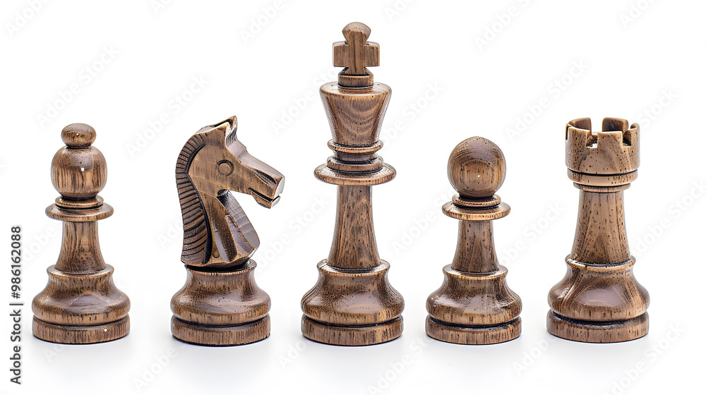 Handmade highquality wooden chess pieces of knight, bishop, queen, pawn, and rook on a white background. Ideal for vintage gaming enthusiasts and tournament competition on a chessboard Handmade highquality wooden chess pieces of knight, bishop, queen, pawn, and rook on a white background. Ideal for vintage gaming enthusiasts and tournament competition on a chessboard