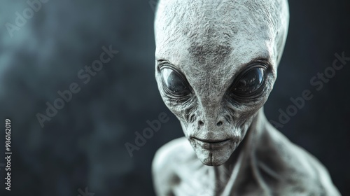 Close-up portrait of a gray alien with large eyes and a serious expression.