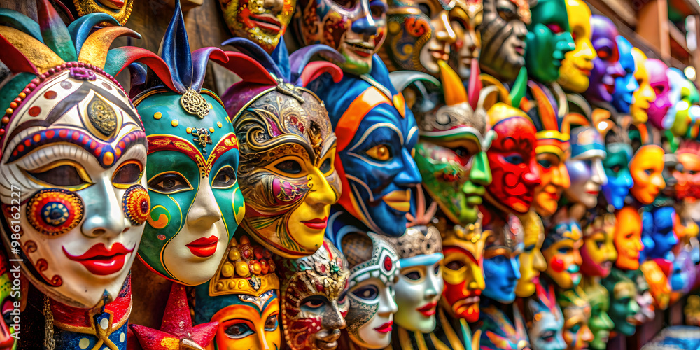Close-up of a variety of colorful masks on display at a market stall, masks, colorful, display, market, stall, close-up Close-up of a variety of colorful masks on display at a market stall, masks, colorful, display, market, stall, close-up