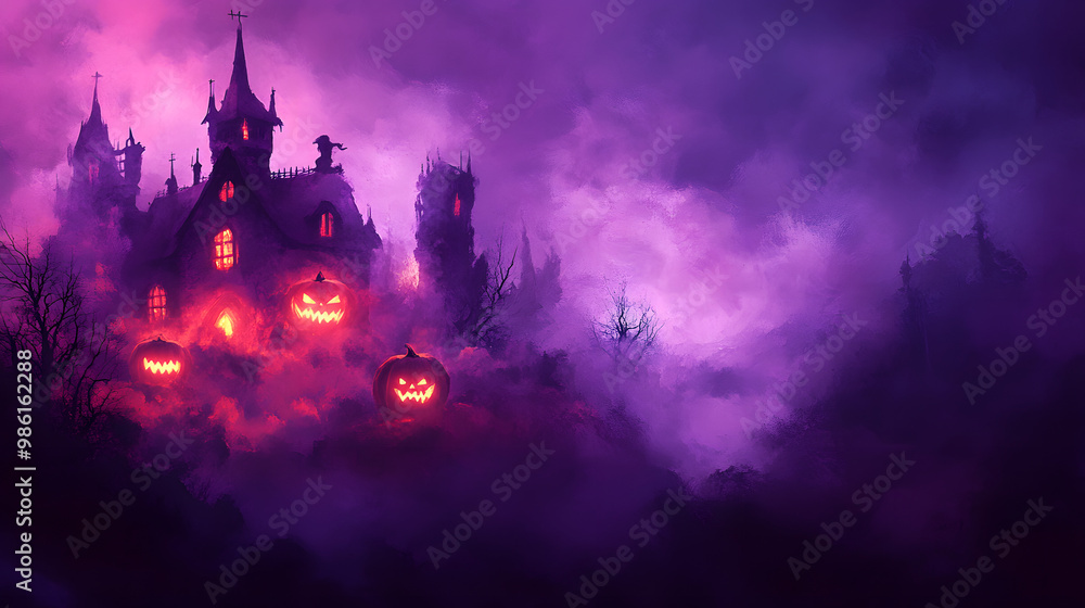 Halloween pumpkins in front of spooky haunted house at cemetery at night with full moon. Generative AI Halloween pumpkins in front of spooky haunted house at cemetery at night with full moon. Generative AI