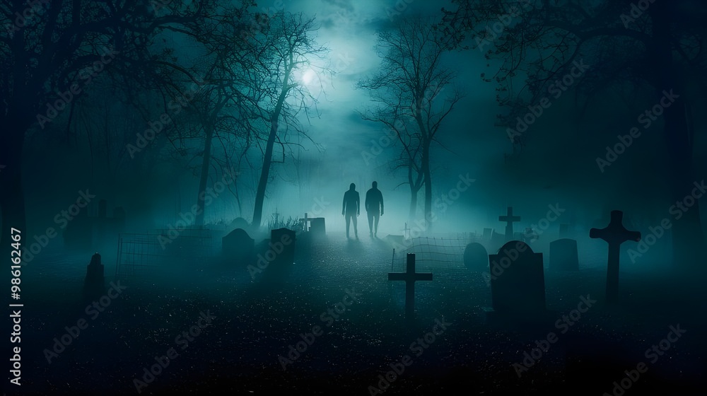 Mysterious Silhouettes Walking Through Foggy Graveyard at Night