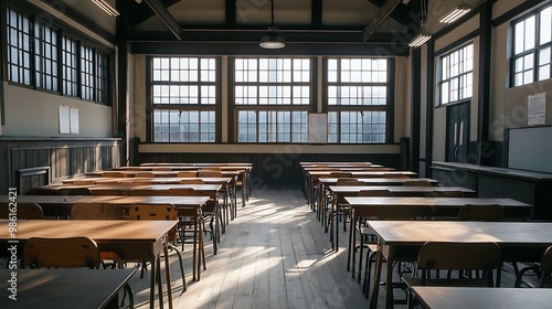 Empty Modern Classroom In the School Interior, Back to School Concept Book, Chair, table 3D Render.