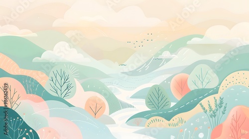 Natural Scenery with Trees, Mountains, and River – Vector Art 